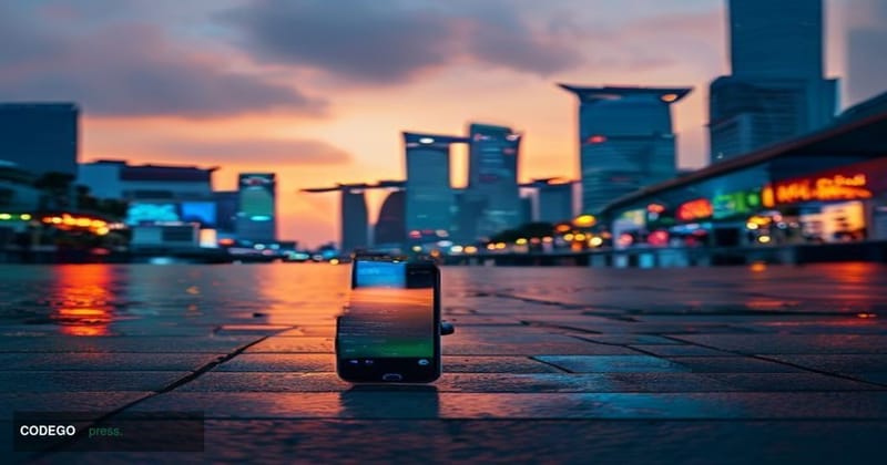 A cinematic editorial photograph set in Singapore's central business district at dusk, with the iconic Marina Bay skyline glo