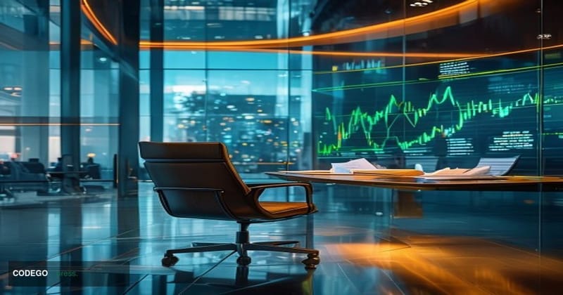 A cinematic editorial photograph set inside a sleek, modern financial headquarters lobby, evoking Grayscale Investments' corp
