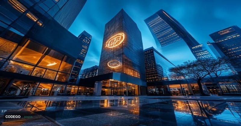 A dramatic cinematic editorial photograph centered on a sleek, glass-and-steel financial district office tower at dusk, repre