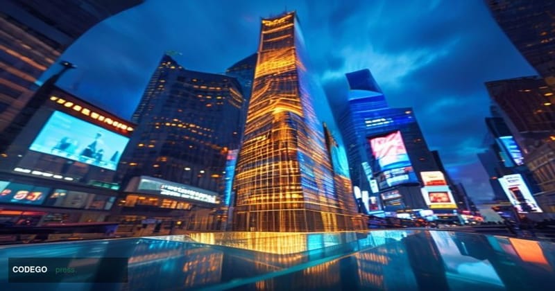 A dramatic photorealistic editorial photograph of the Nasdaq MarketSite headquarters in Times Square, New York City, with its