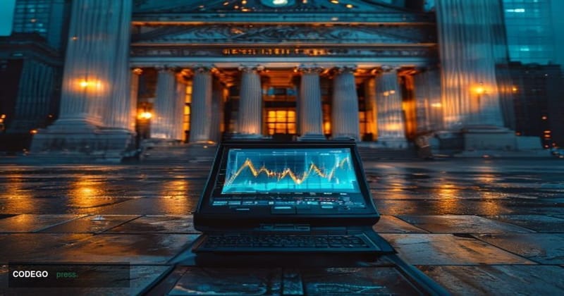 A cinematic editorial photograph set in lower Manhattan's financial district, with the neoclassical facade of a federal build