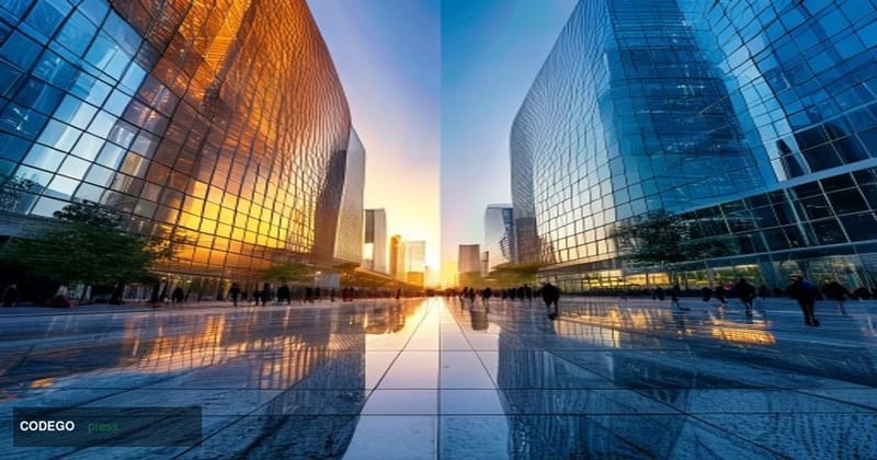A dramatic split-screen editorial photograph taken at ground level looking upward at two modern glass corporate towers diverg