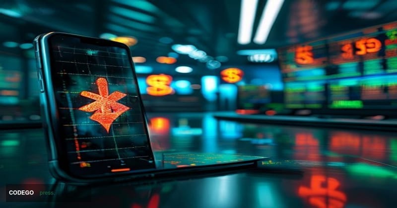 A cinematic editorial photograph depicting a dramatic digital breach scenario set in a sleek, modern trading-floor environmen