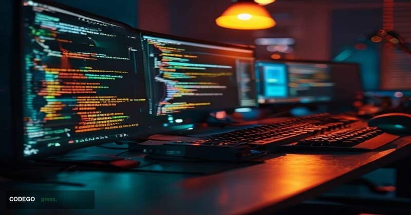 A dramatic close-up editorial photograph of a developer's workstation in a dimly lit office at night, with multiple monitors 
