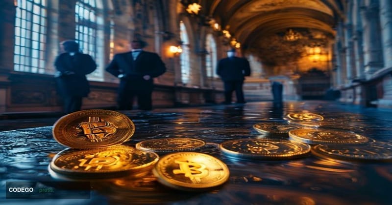 A cinematic editorial photograph set inside a grand Westminster parliamentary corridor, its ornate Gothic Revival stonework a