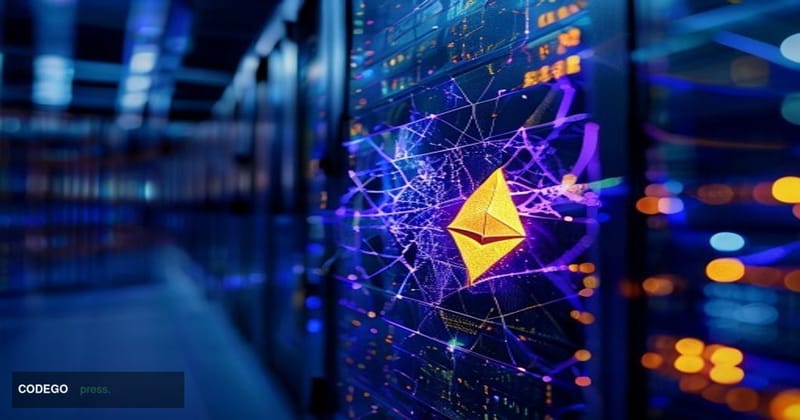 A cinematic editorial photograph depicting a fractured holographic network node glowing in HBAR's signature purple-blue palet