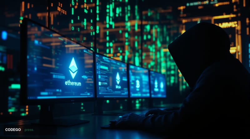 A cinematic editorial photograph depicting a dimly lit server room with Ethereum and Bitcoin blockchain symbols glowing on mu