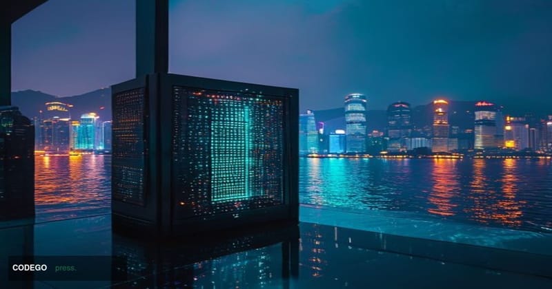 A dramatic cinematic editorial photograph set against Hong Kong's iconic Victoria Harbour skyline at dusk, with the gleaming 
