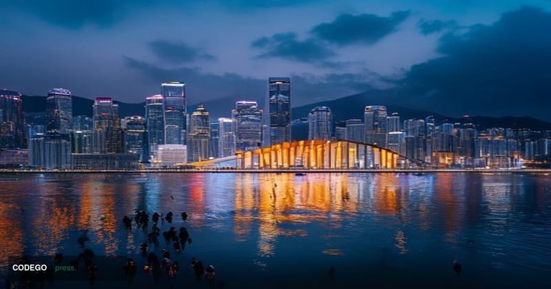 A sweeping cinematic wide-angle shot of Hong Kong's iconic Victoria Harbour skyline at dusk, with the Central financial distr
