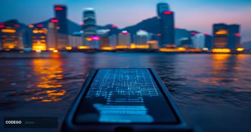 A dramatic cinematic editorial photograph set in Hong Kong's Central financial district, with the iconic skyline of glass sky