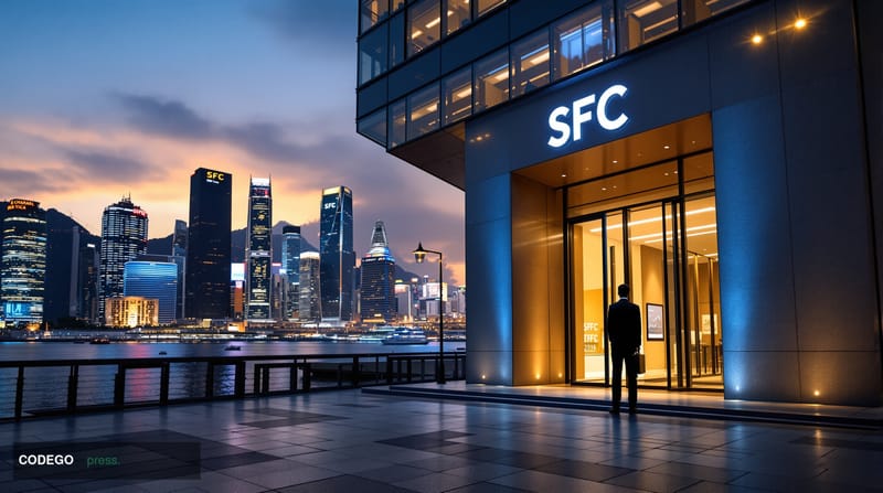 A cinematic editorial photograph set in Hong Kong's Central financial district at dusk, with the iconic skyline of glass towe