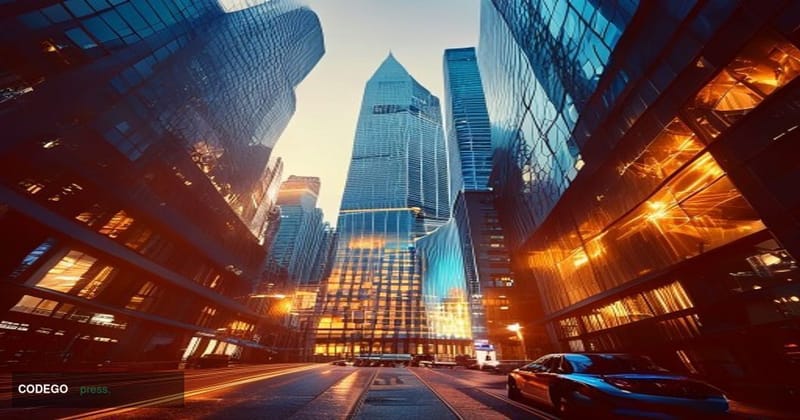 A dramatic ground-level wide-angle shot looking up at the gleaming glass towers of Hong Kong's Central financial district, wi