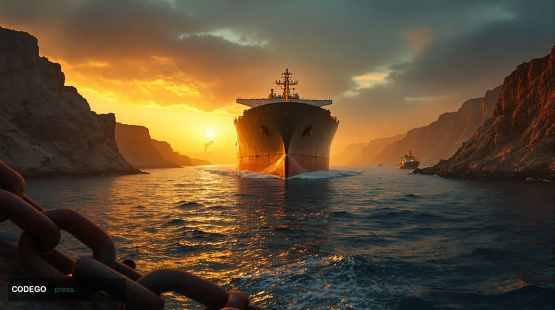 A photorealistic cinematic editorial photograph depicting a massive supertanker navigating through the narrow, haze-shrouded 