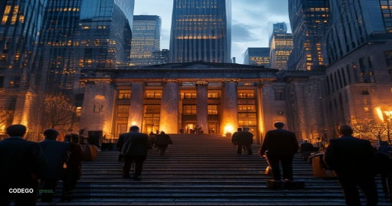 A cinematic editorial photograph of the exterior of a federal government hearing venue in New York City, with the iconic Manh