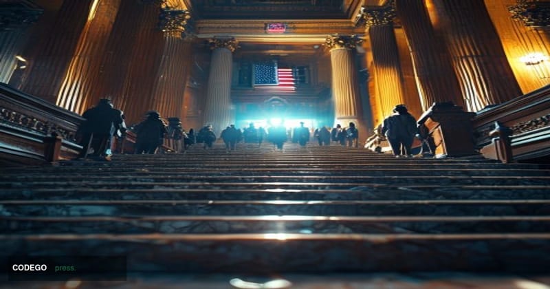 A cinematic editorial photograph of the exterior of a grand federal hearing chamber building in New York City, shot at a low 