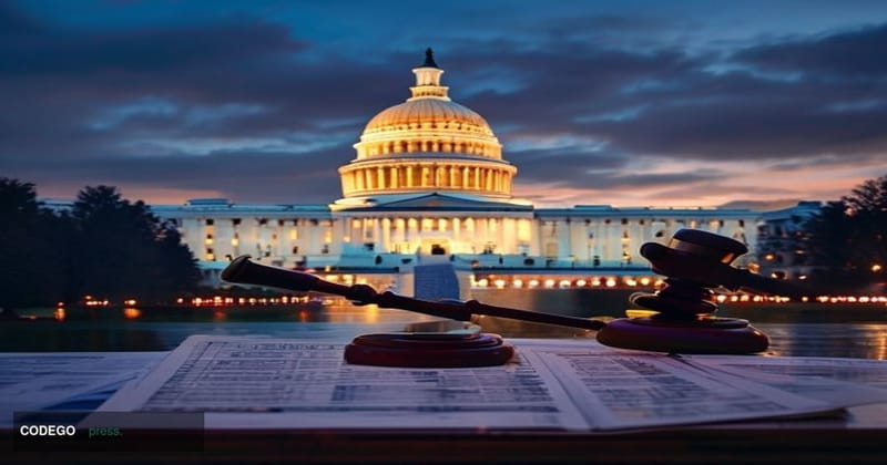 A dramatic wide-angle shot of the United States Capitol building in Washington D.C. at dusk, its iconic white dome illuminate