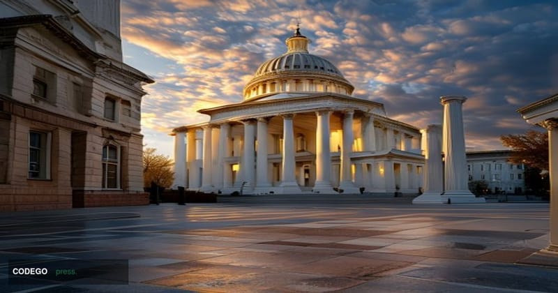A photorealistic cinematic editorial photograph of the exterior of the United States Capitol building in Washington D.C., sho