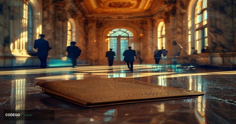 A cinematic editorial photograph set inside the United States Capitol building's grand marble corridor, with warm amber light