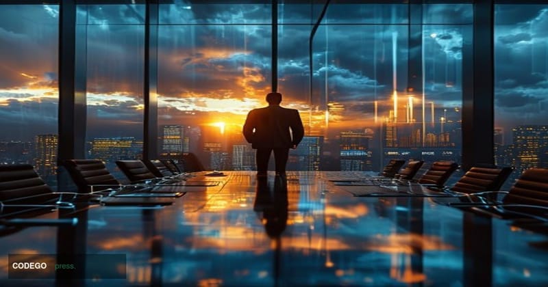 A cinematic editorial photograph set inside a sleek, glass-walled executive boardroom of a mid-sized American corporate headq