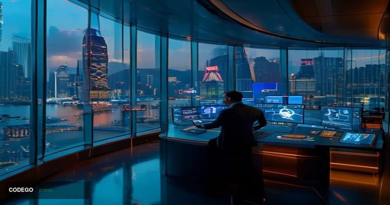 A cinematic editorial photograph set inside a sleek, high-tech banking operations center in Hong Kong, with floor-to-ceiling 