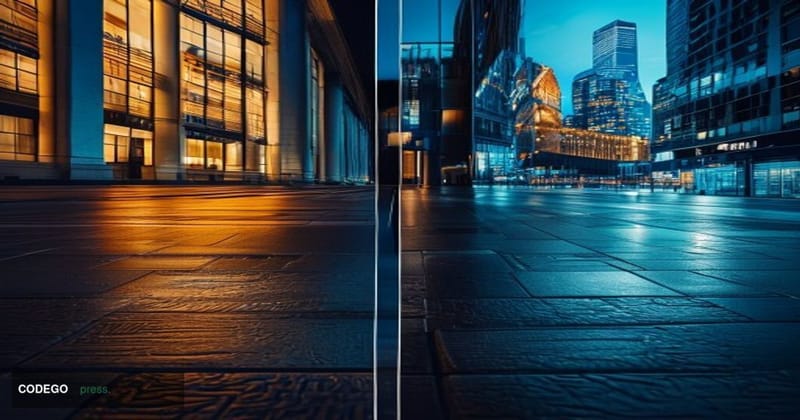 A dramatic split-composition editorial photograph shot from a low angle at street level in Sydney, Australia. On the left sid