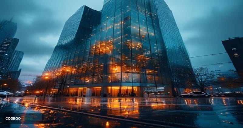 A photorealistic cinematic editorial photograph of HSBC's iconic glass and steel London headquarters at Canary Wharf, shot fr