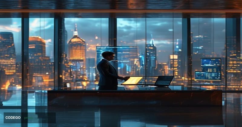 A cinematic editorial photograph set inside a sleek, modern private banking floor inside a recognizable HSBC London office en