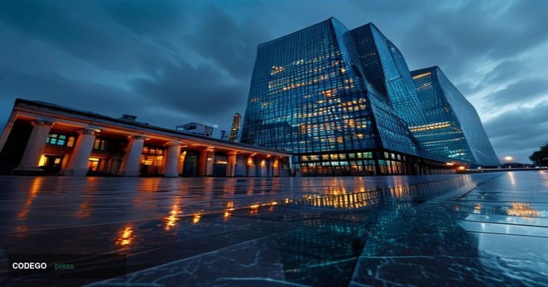 A dramatic cinematic editorial photograph set outside HSBC's iconic Canary Wharf headquarters in London, with the distinctive