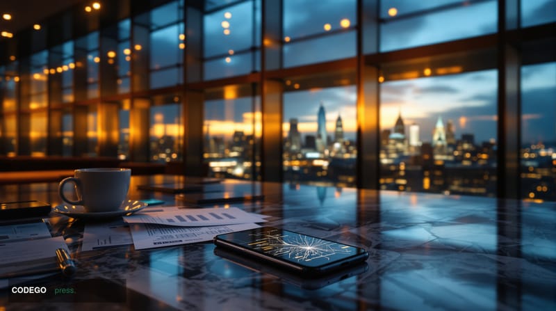 A dramatic cinematic editorial photograph set inside a glass-walled banking tower at dusk, with warm amber light streaming th