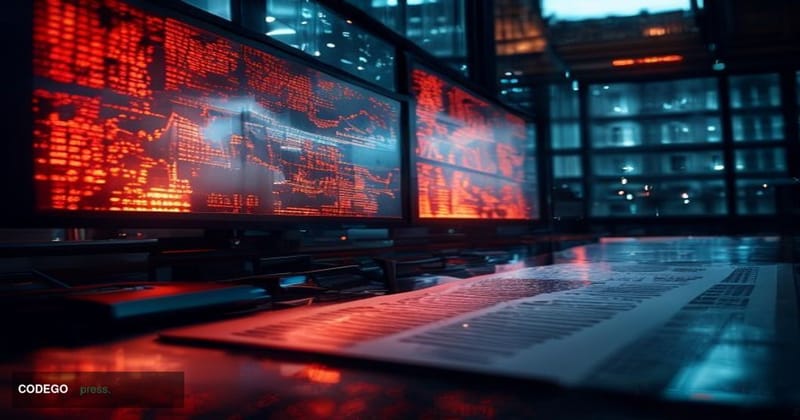 A dramatic cinematic editorial photograph set in a dimly lit cryptocurrency compliance operations center in London, with larg
