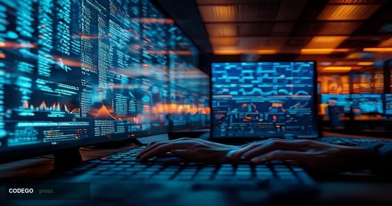 A dramatic cinematic editorial photograph set in a dimly lit cryptocurrency exchange operations center, with multiple glowing