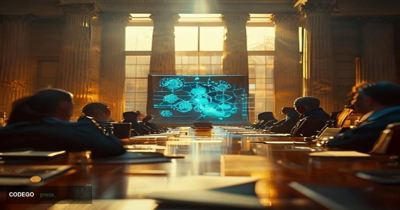 A cinematic editorial photograph set inside a formal Washington D.C. federal meeting room, shot from a low-angle perspective 