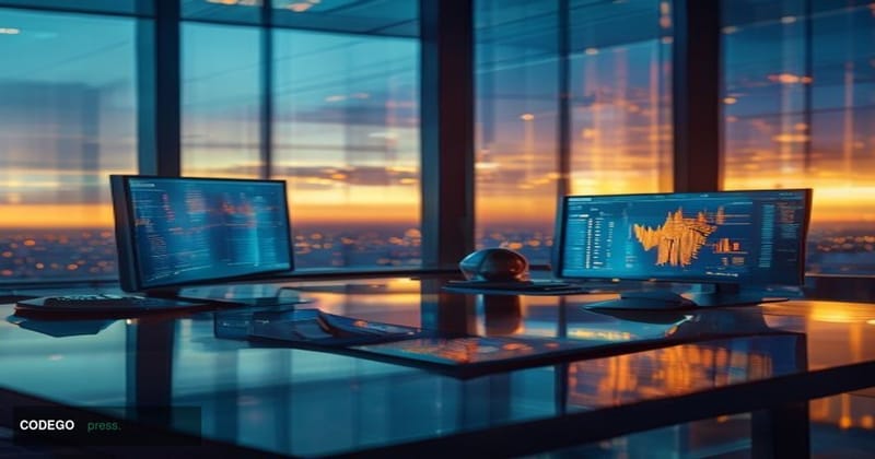 A cinematic editorial photograph set in a sleek, modern corporate treasury operations center with dual-screen terminals displ