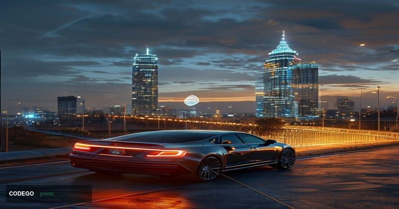A photorealistic cinematic editorial photograph set at the US-Mexico border crossing, with a sleek modern Hyundai corporate v