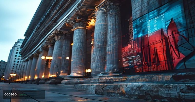A dramatic cinematic editorial photograph of the New York Stock Exchange exterior on Wall Street, shot from a low angle at da