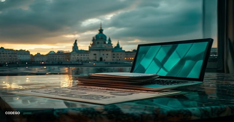 A cinematic editorial photograph set in Warsaw, Poland, with the iconic Palace of Culture and Science visible in the soft-foc