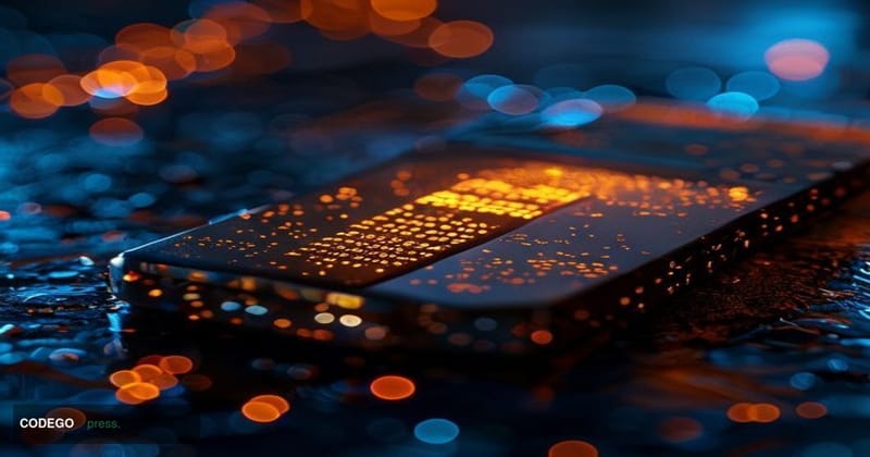 A dramatic close-up shot of a cracked hardware crypto wallet device resting on a dark obsidian surface, with faint glowing se