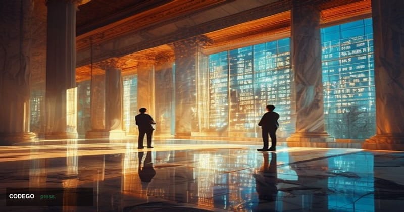 A dramatic cinematic editorial photograph set inside an imposing marble-columned hall evoking the International Monetary Fund