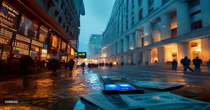 A dramatic split-scene editorial photograph set in an emerging market financial district — on the left side, a bustling stree