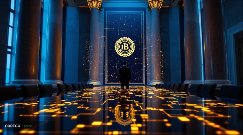 A cinematic editorial photograph set inside a grand institutional financial chamber reminiscent of the IMF headquarters in Wa