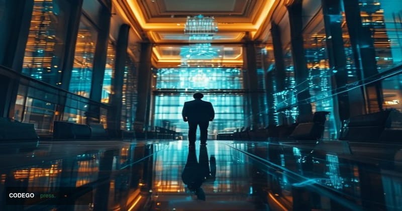 A dramatic editorial photograph set inside the IMF's Washington D.C. headquarters atrium, shot from a low angle looking upwar