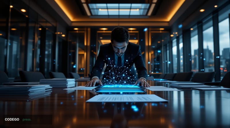 A cinematic editorial photograph set inside a grand institutional chamber resembling the IMF headquarters in Washington D.C.,