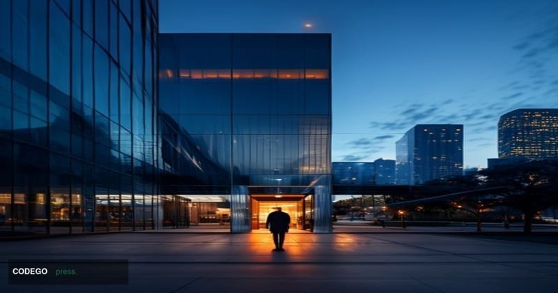 A cinematic editorial photograph set at a modern San Francisco financial technology office exterior at dusk, with warm amber 