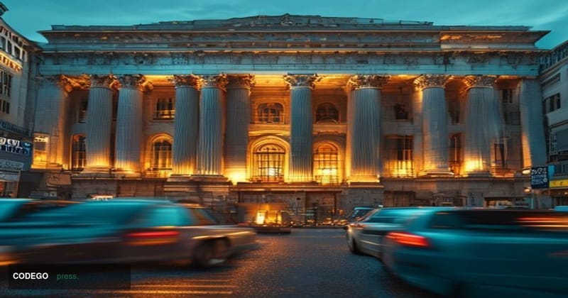 A cinematic editorial photograph of the Reserve Bank of India's iconic Mumbai headquarters — the grand colonial-era stone fac