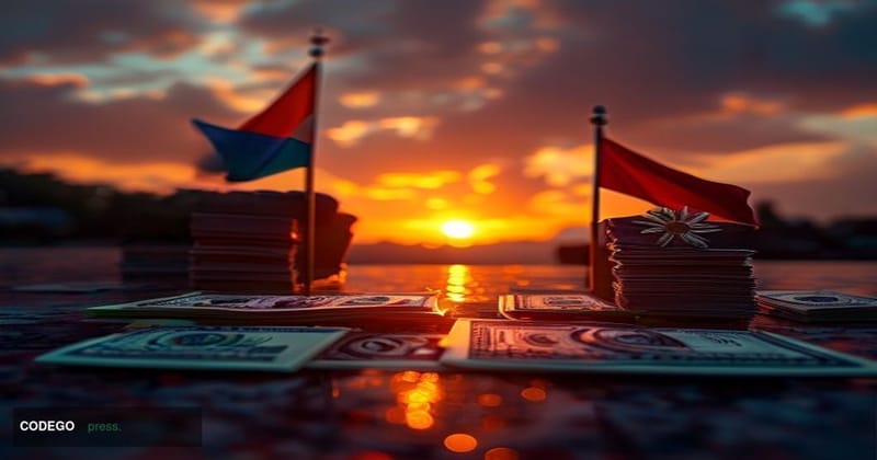 A dramatic editorial photograph set at the geographic crossroads of South Asia and Southeast Asia, with the Indian tricolor f