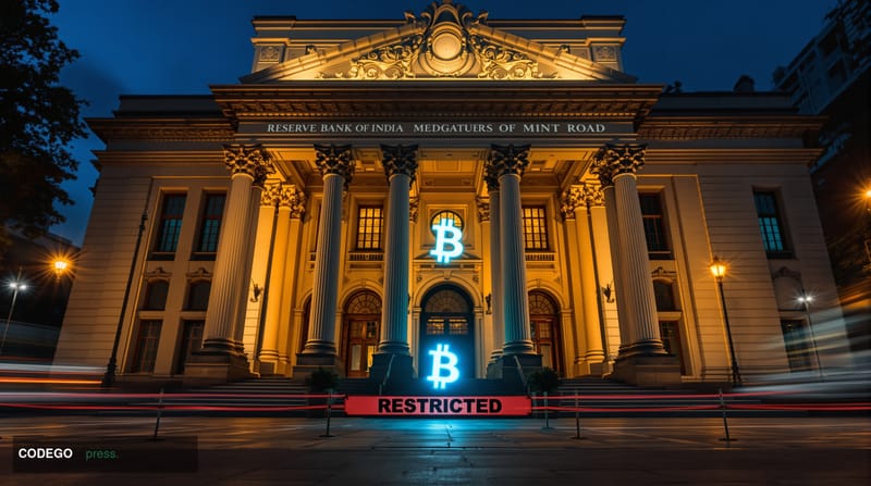 A photorealistic editorial photograph of the Reserve Bank of India's iconic Mumbai headquarters — the imposing neoclassical s