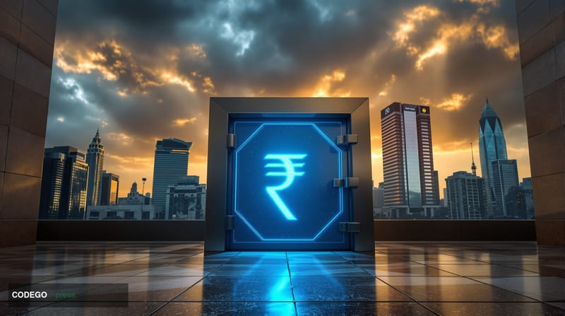 A photorealistic editorial photograph set in Mumbai's Bandra-Kurla Complex financial district, the iconic glass-and-steel tow