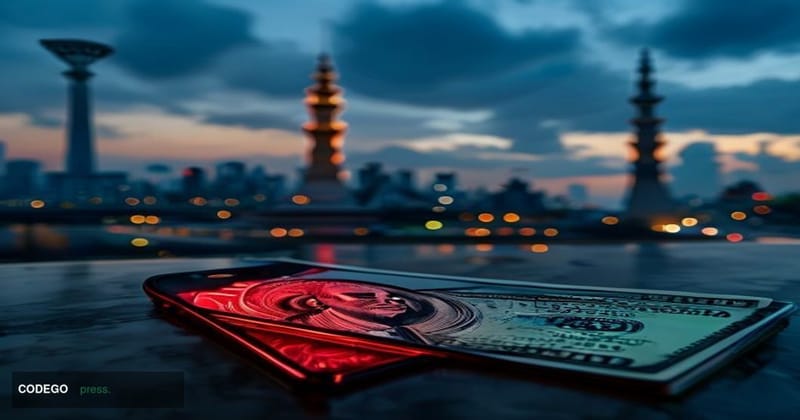 A cinematic editorial photograph set in Jakarta, Indonesia, with the iconic Monas National Monument visible in the soft-focus