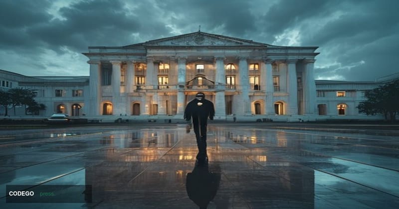 A photorealistic editorial photograph set in Jakarta, Indonesia, with the iconic Bank Indonesia headquarters building promine