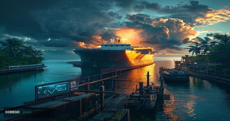 A photorealistic editorial photograph of a large Russian oil tanker navigating through tropical Southeast Asian waters near a